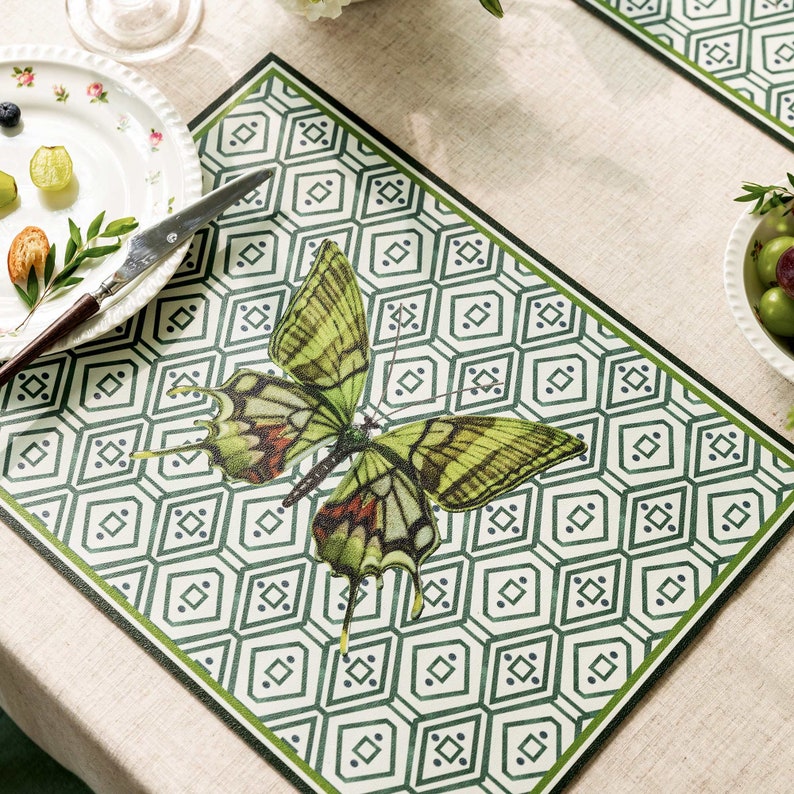 SET OF FOUR Green Butterfly Placemats, Lightly Waterproof