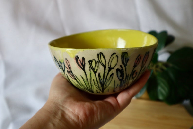 Small Wonky Yellow Tulip Floral Ceramic Bowl