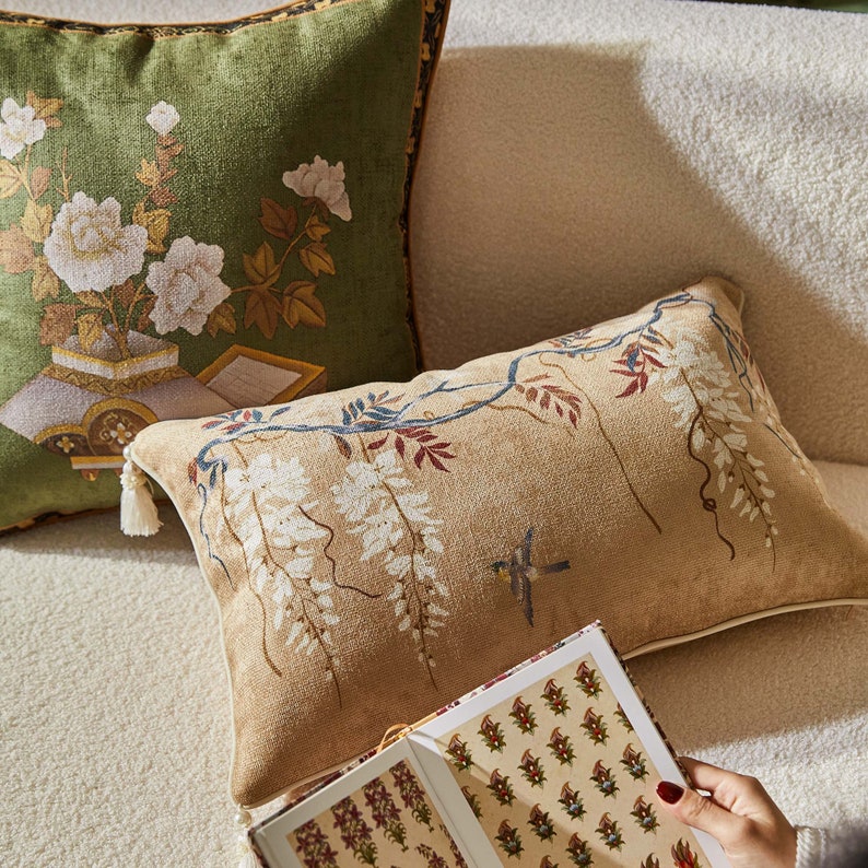 Retro Floral & Bird Throw Pillow Cover with Graceful Tassels
