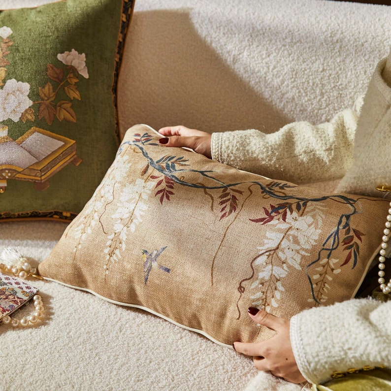 Retro Floral & Bird Throw Pillow Cover with Graceful Tassels
