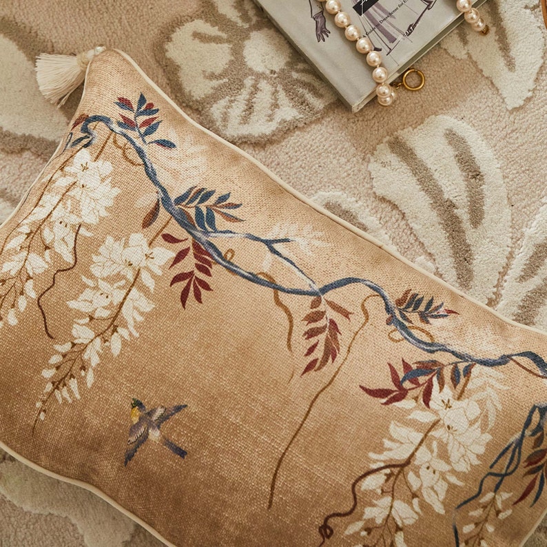 Retro Floral & Bird Throw Pillow Cover with Graceful Tassels