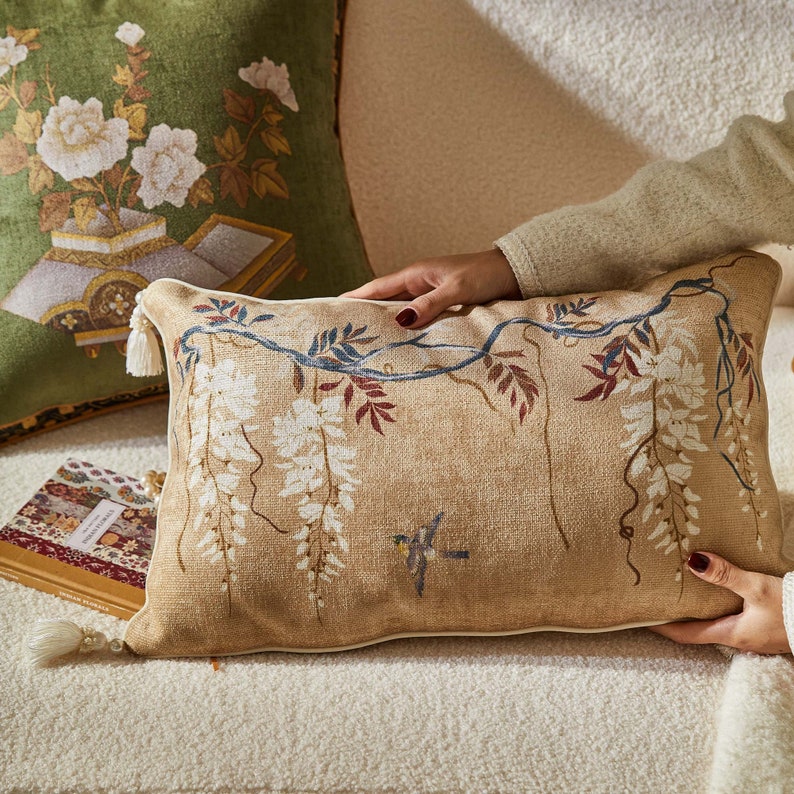 Retro Floral & Bird Throw Pillow Cover with Graceful Tassels