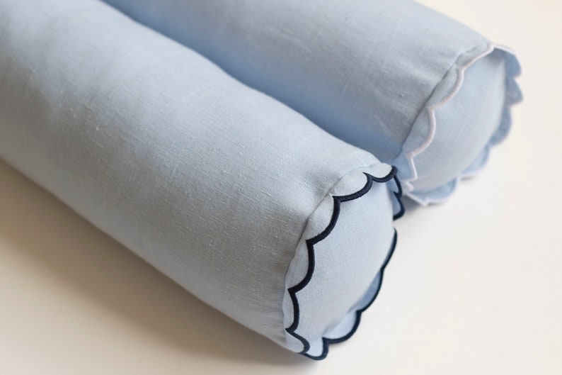 Handmade Linen Bolster Pillow Cover - Baby Blue with Scalloped Edges