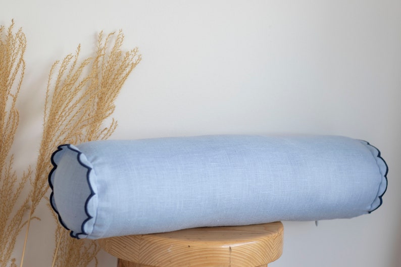 Handmade Linen Bolster Pillow Cover - Baby Blue with Scalloped Edges