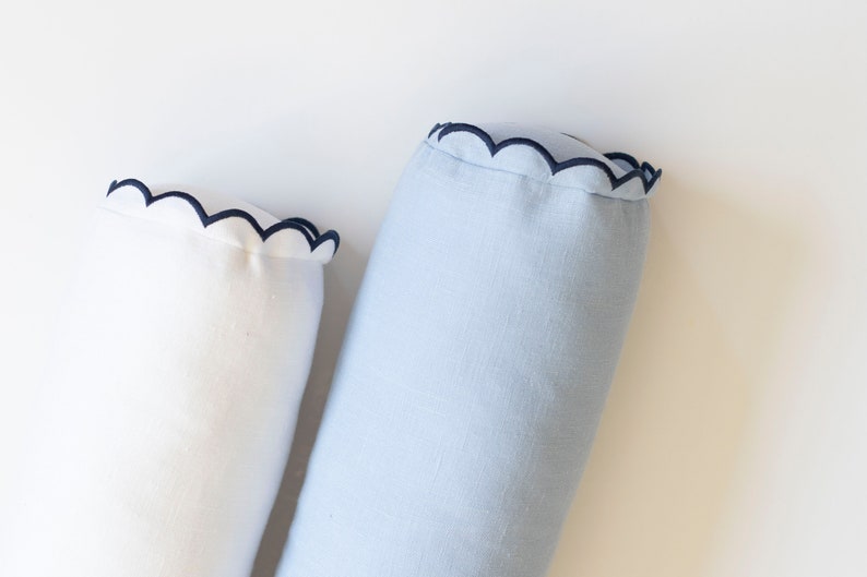 Handmade Linen Bolster Pillow Cover - Baby Blue with Scalloped Edges