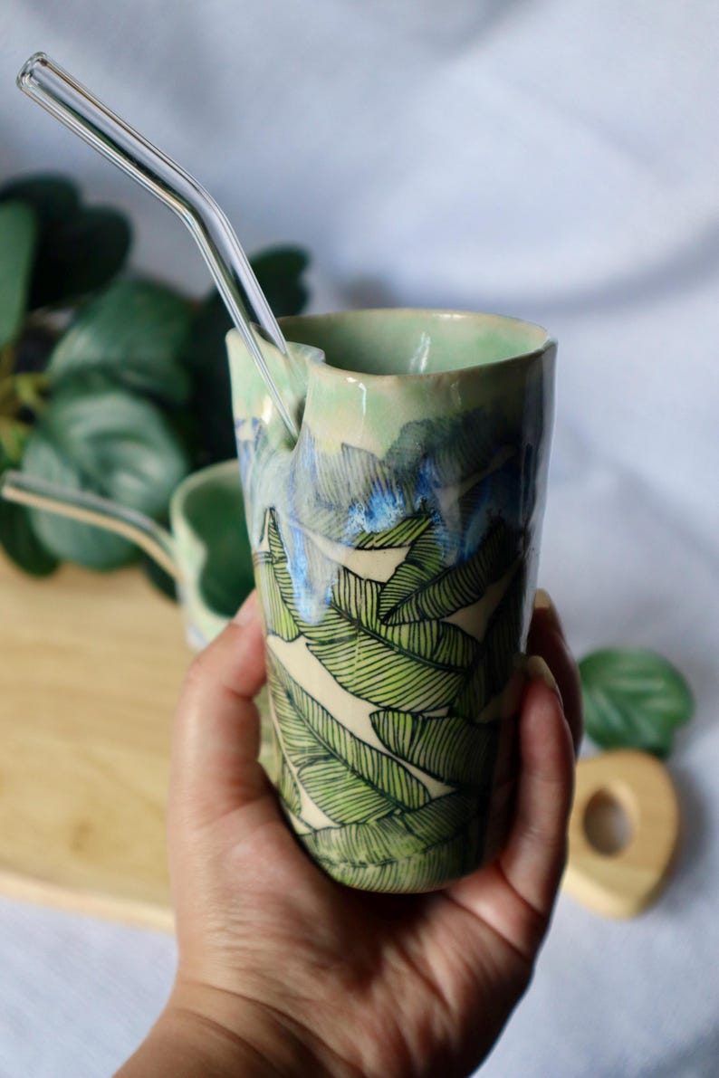 Tropical Leaf Ceramic Cup with Straw - Handmade Ceramic Cup