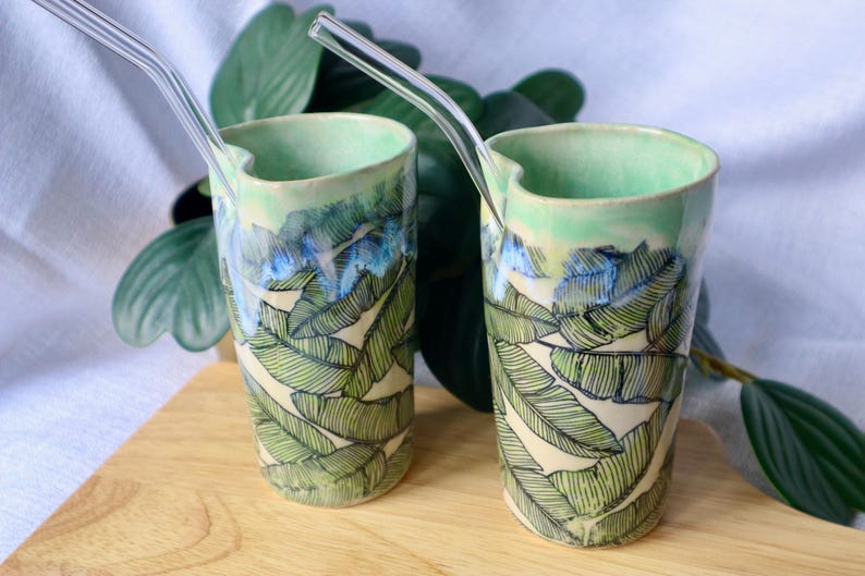Tropical Leaf Ceramic Cup with Straw - Handmade Ceramic Cup