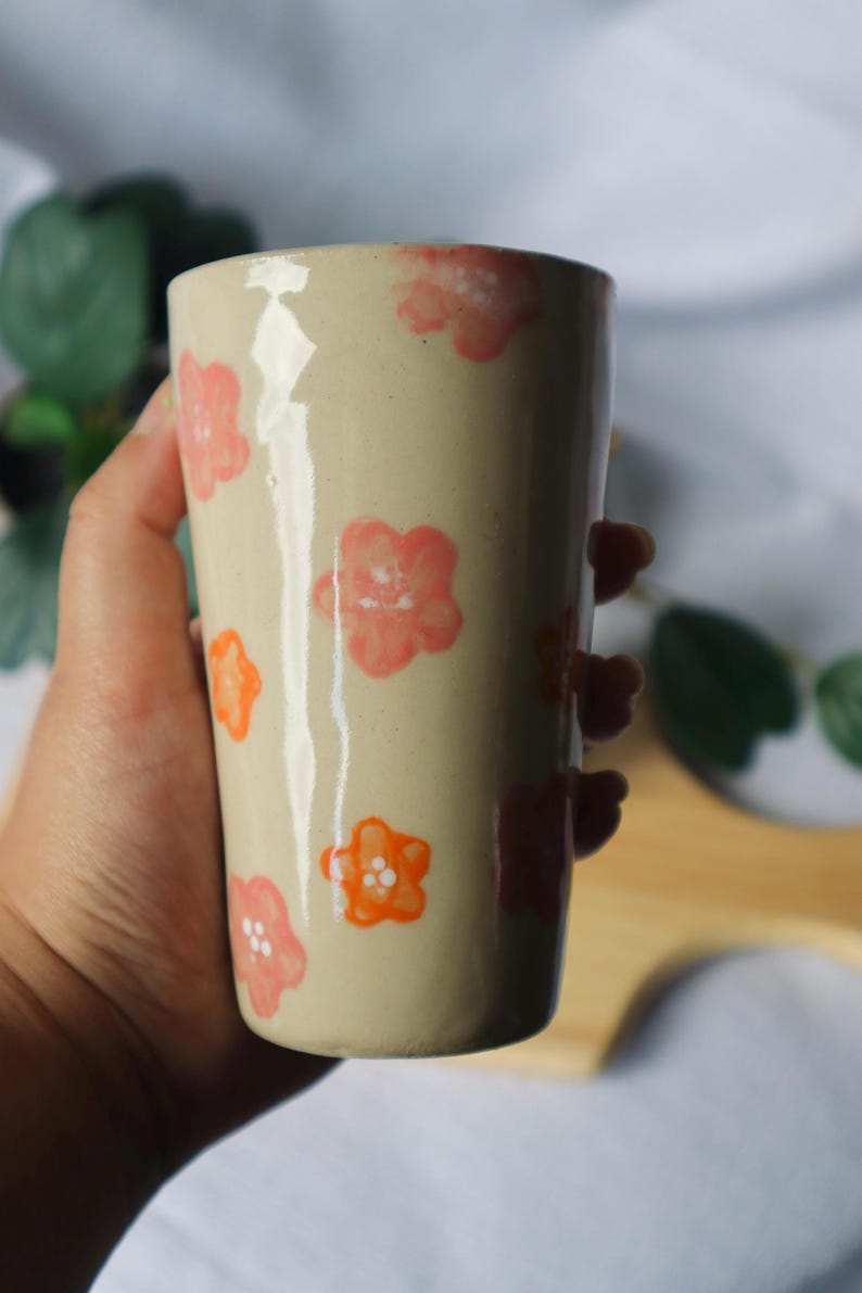 Floral Ceramic Cups Orange and Pink