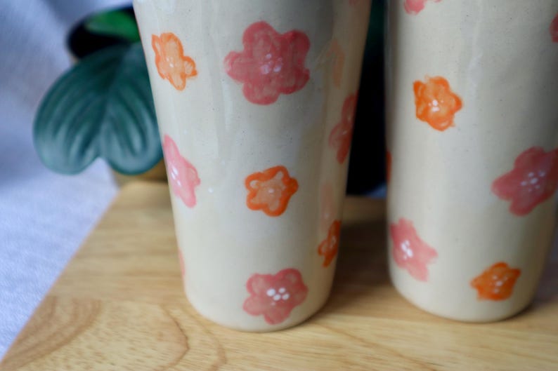Floral Ceramic Cups Orange and Pink