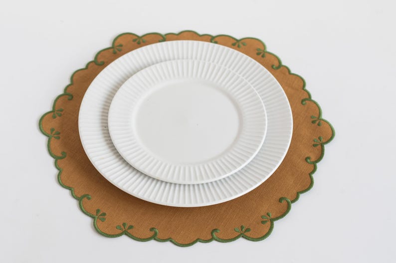 Set of 6 Camel Linen Placemats with Green Embroidered Trim, ~14 inches