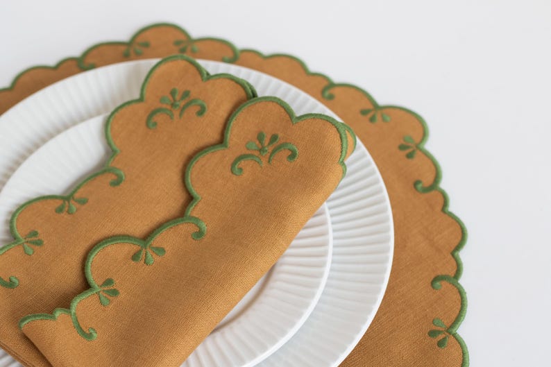 Set of 6 Camel Linen Placemats with Green Embroidered Trim, ~14 inches
