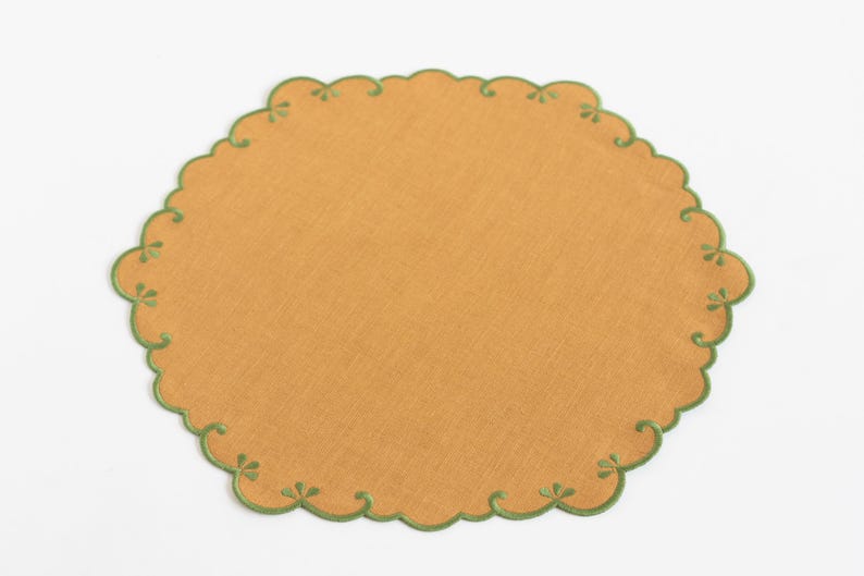 Set of 6 Camel Linen Placemats with Green Embroidered Trim, ~14 inches