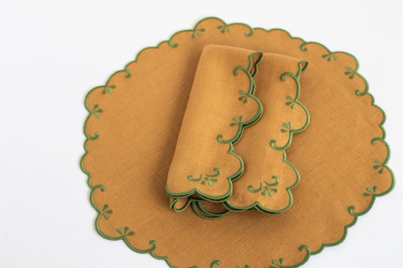 Set of 6 Camel Linen Placemats with Green Embroidered Trim, ~14 inches