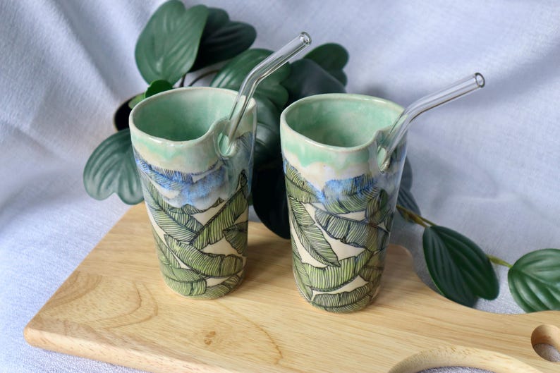Tropical Leaf Ceramic Cup with Straw - Handmade Ceramic Cup