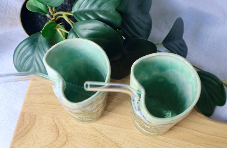 Tropical Leaf Ceramic Cup with Straw - Handmade Ceramic Cup