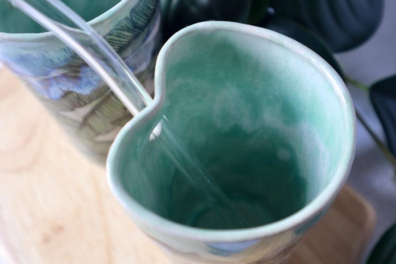 Tropical Leaf Ceramic Cup with Straw - Handmade Ceramic Cup