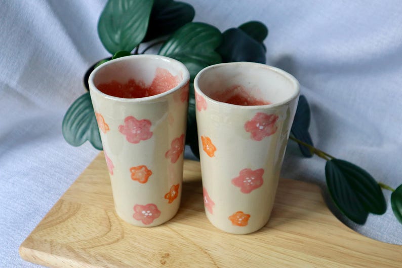 Floral Ceramic Cups Orange and Pink