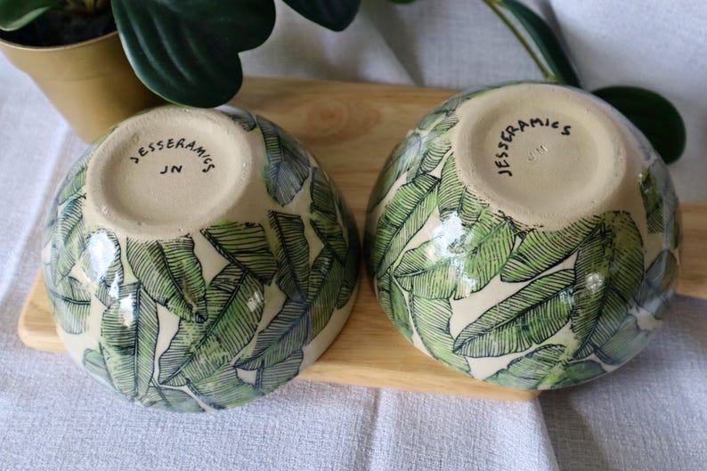 Handmade Tropical Leaf Green Ceramic Bowl