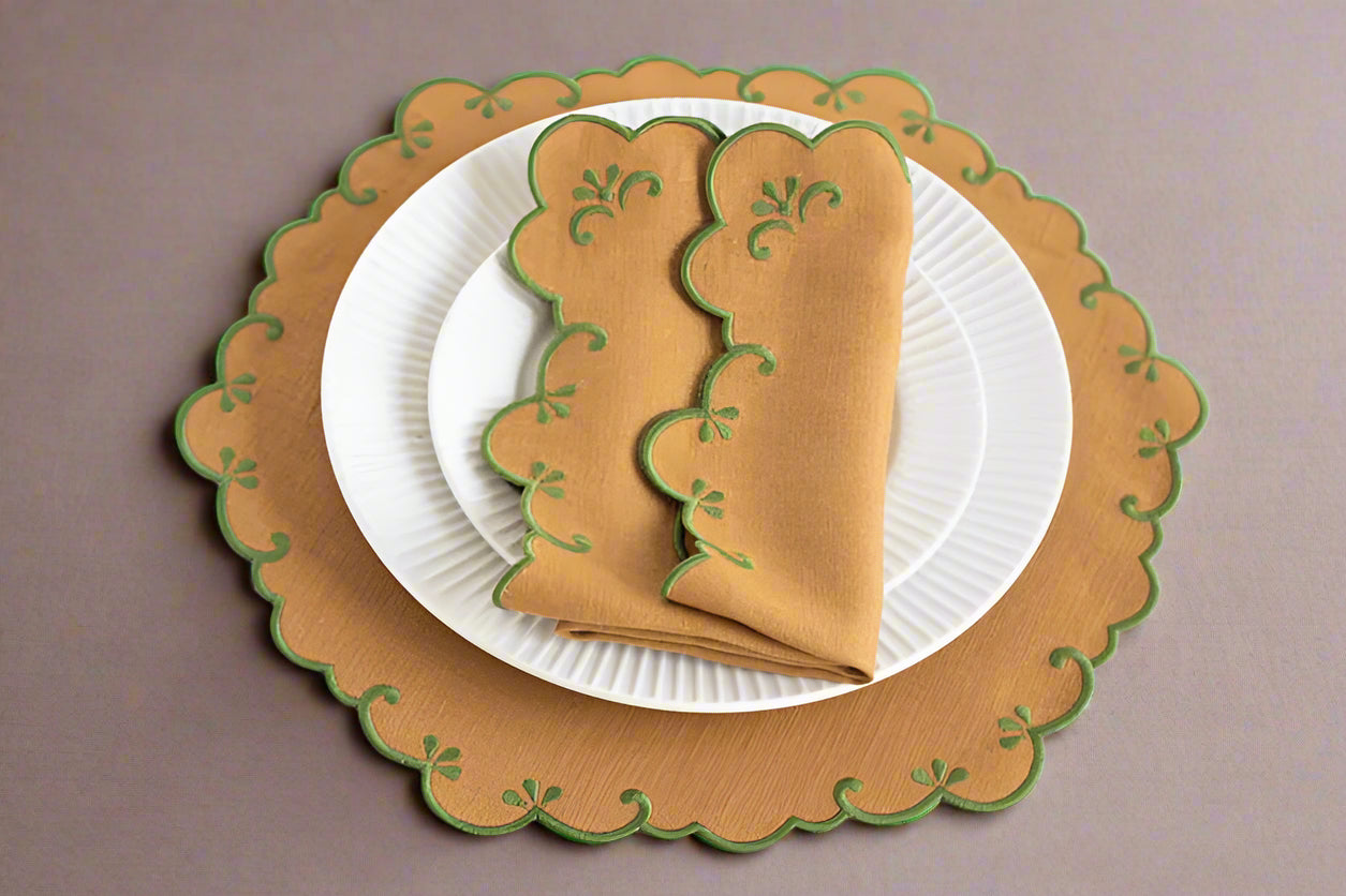 Set of 6 Camel Linen Placemats with Green Embroidered Trim, ~14 inches