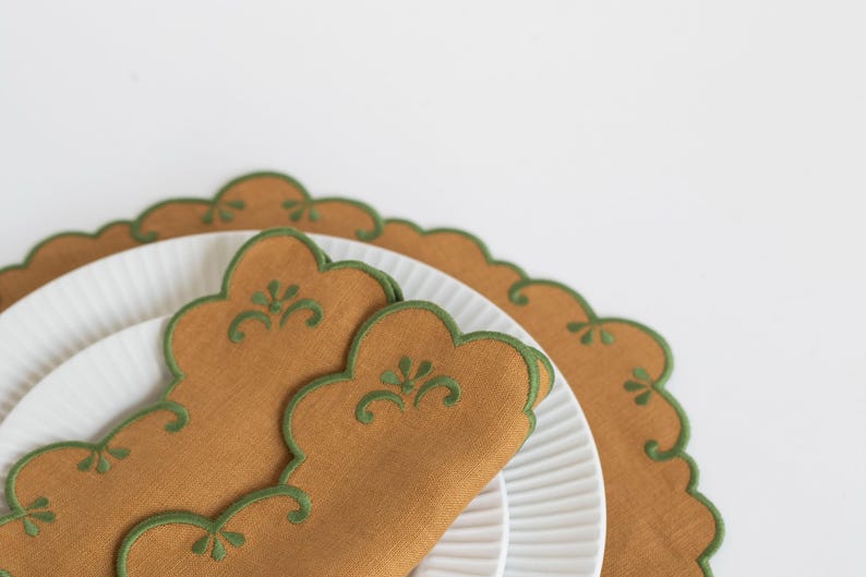 Set of 6 Camel Linen Placemats with Green Embroidered Trim, ~14 inches
