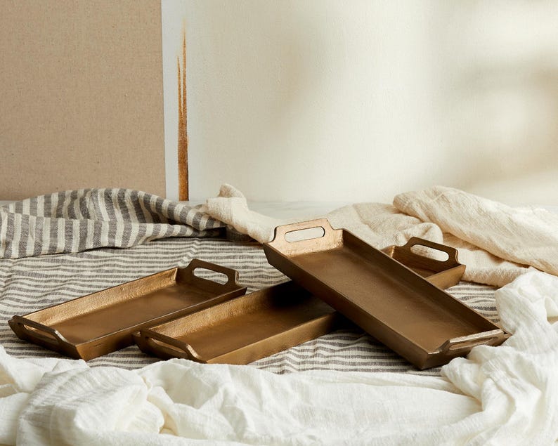 May Stylish Gold Serving Trays with Handles-Large