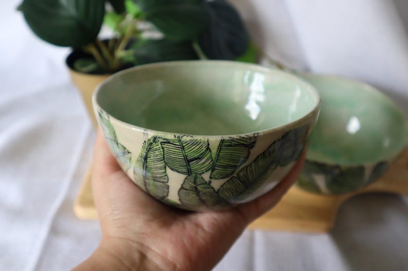Handmade Tropical Leaf Green Ceramic Bowl
