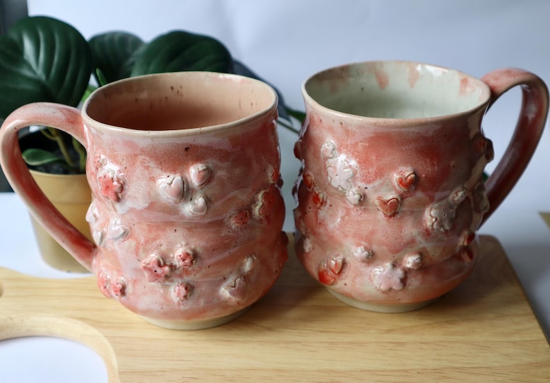 Large Handmade Pink Hearts & Flowers Ceramic Mug