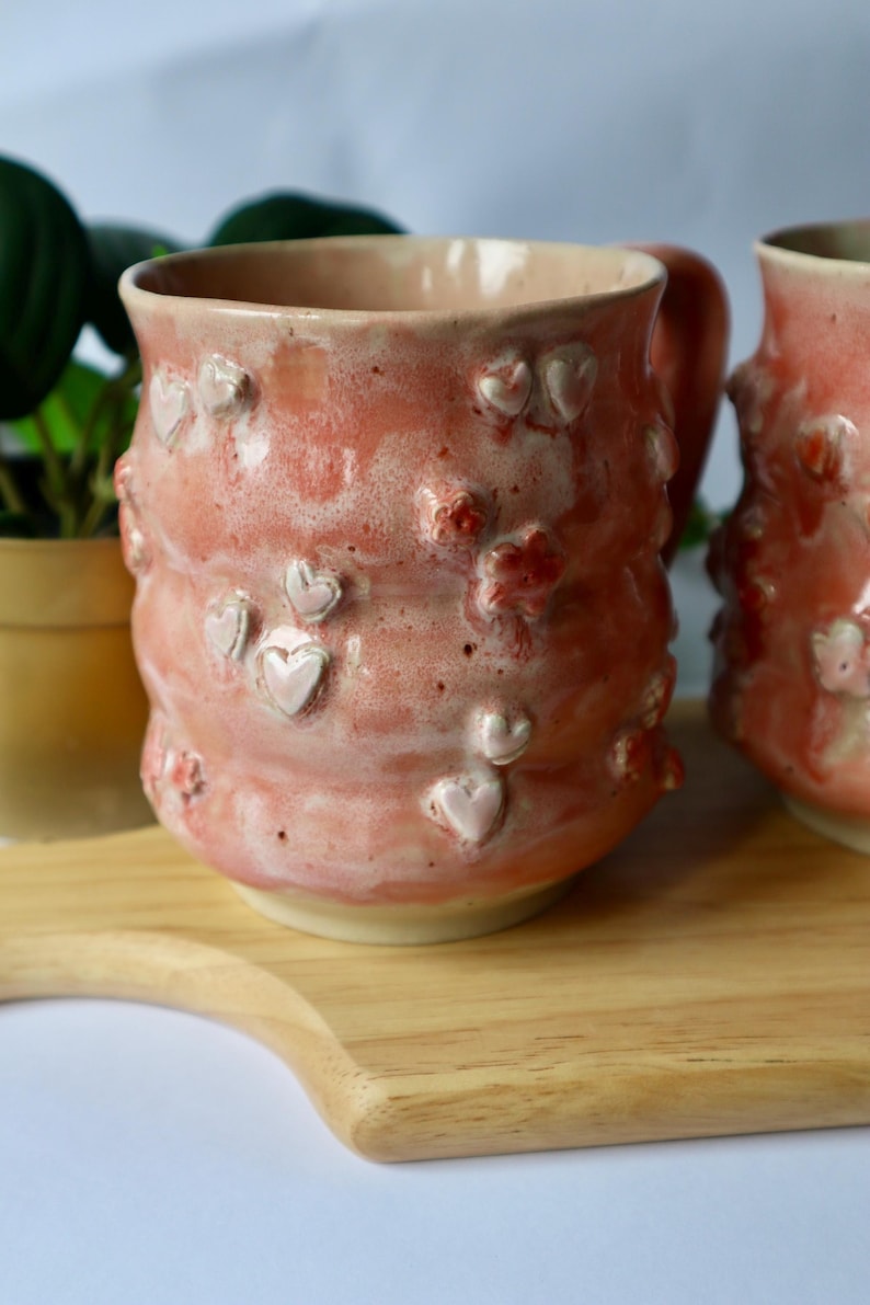 Large Handmade Pink Hearts & Flowers Ceramic Mug