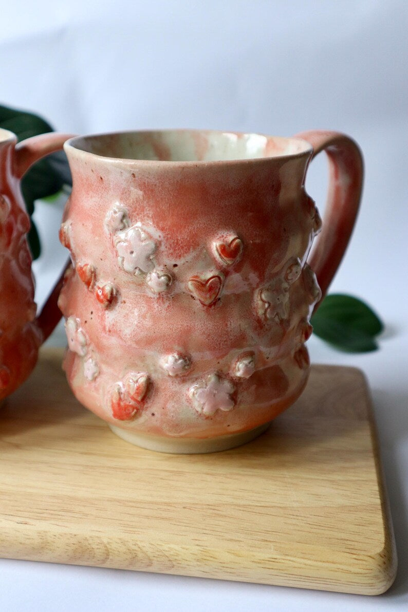 Large Handmade Pink Hearts & Flowers Ceramic Mug