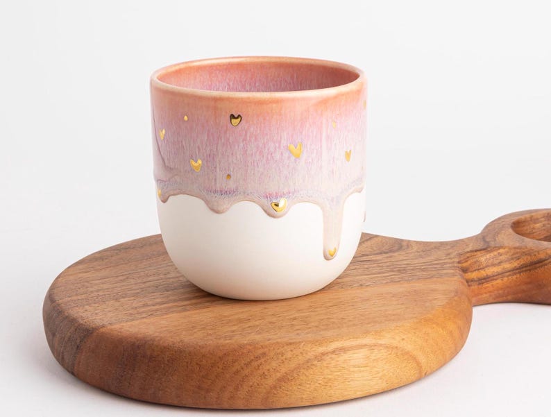 Handmade Porcelain Mug Unique Coffee Mug Pink White Gold Accent