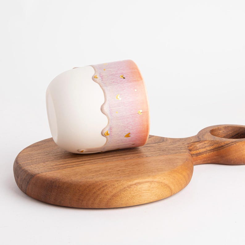 Handmade Porcelain Mug Unique Coffee Mug Pink White Gold Accent