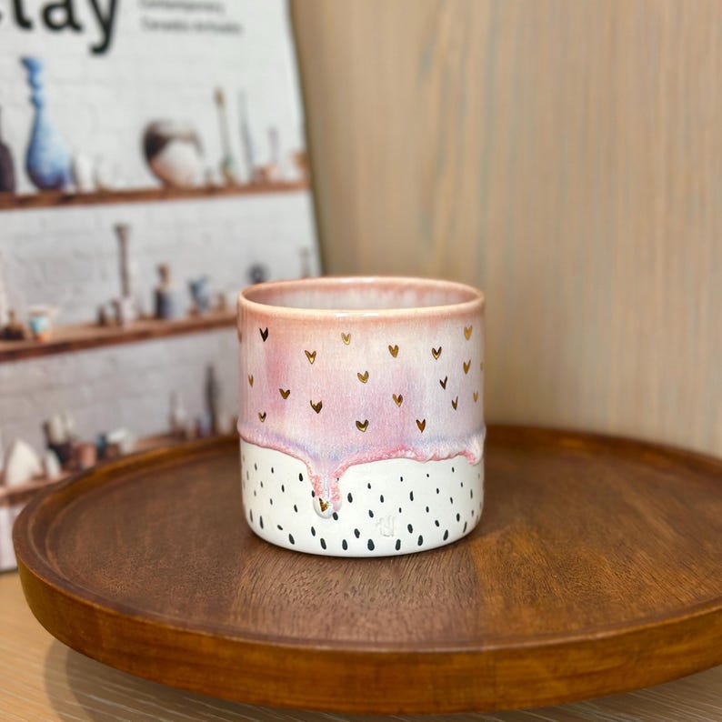Unique Coffee Mug Pink White Gold Accent | One of Kind