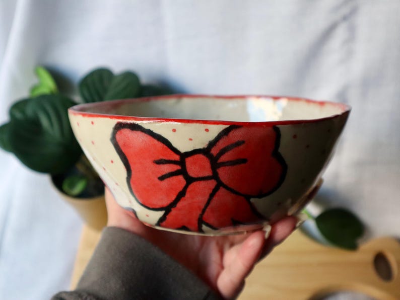 Large Handmade Wonky Ceramic Bowl with Bows
