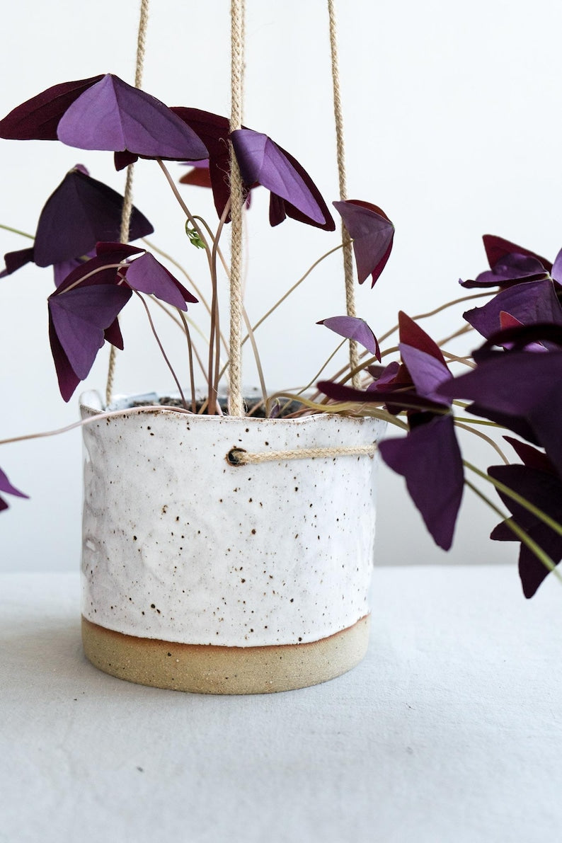 Speckled Clay Hanging Planter Pot in Glossy White Glaze
