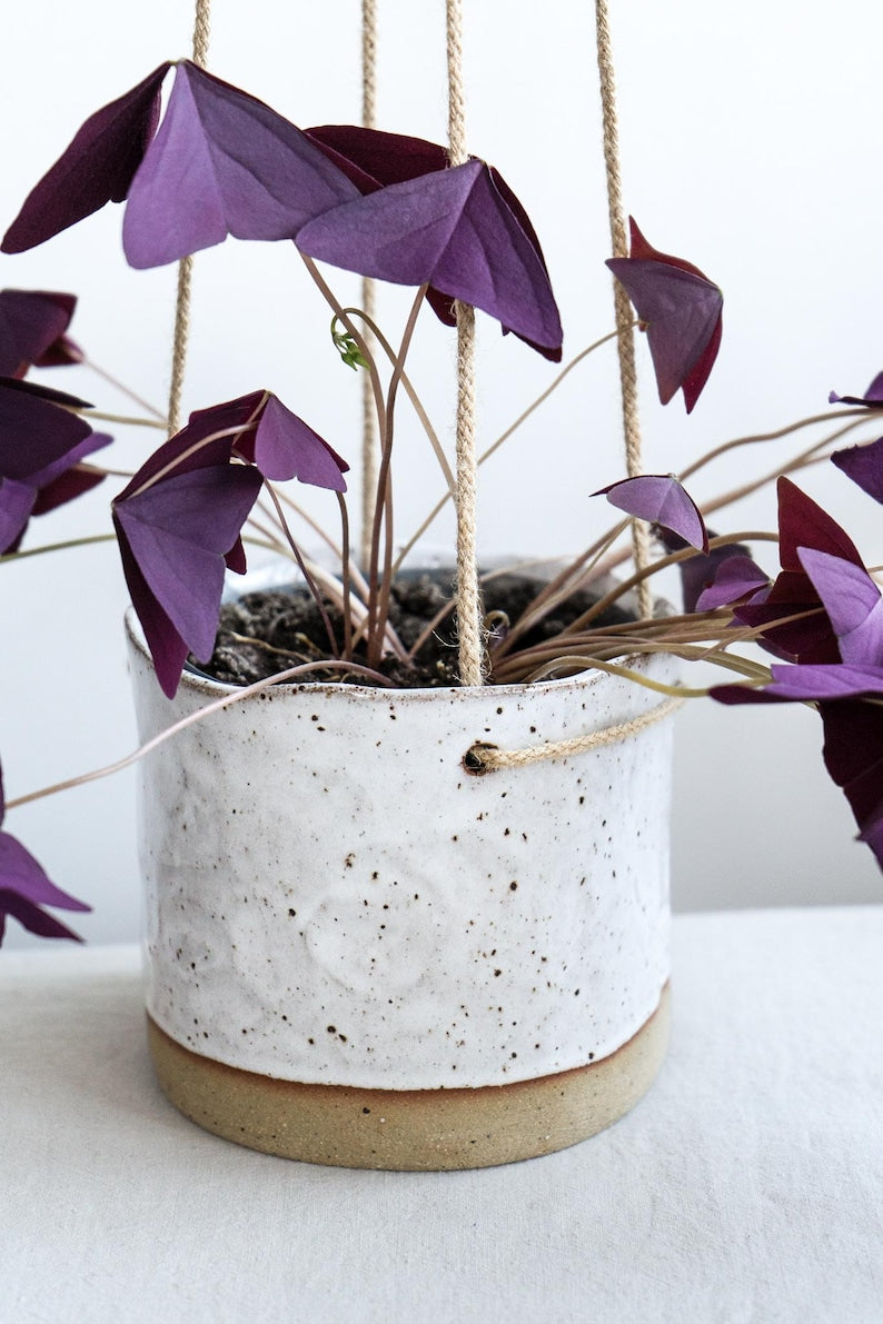 Speckled Clay Hanging Planter Pot in Glossy White Glaze