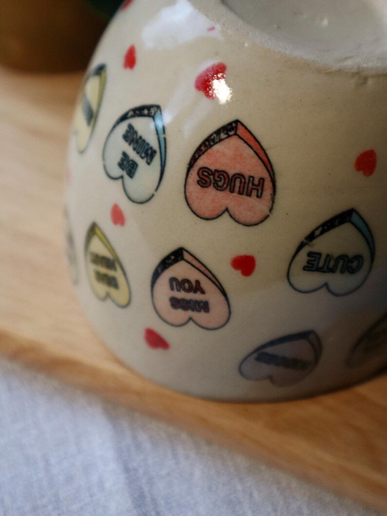 Handmade Large Ceramic Heart Mugs decorated in Love Hearts!