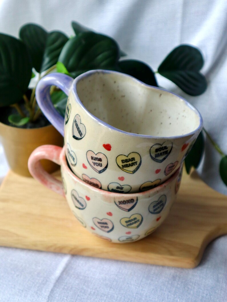 Handmade Large Ceramic Heart Mugs decorated in Love Hearts!