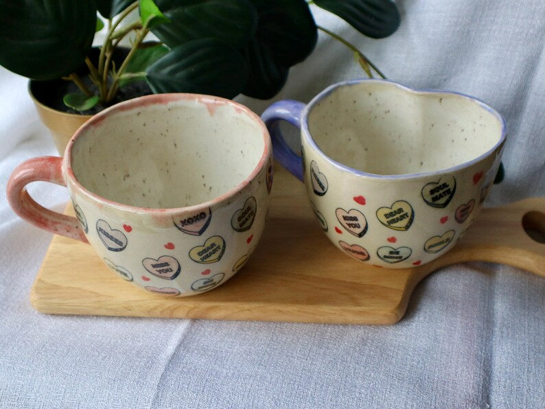 Handmade Large Ceramic Heart Mugs decorated in Love Hearts!