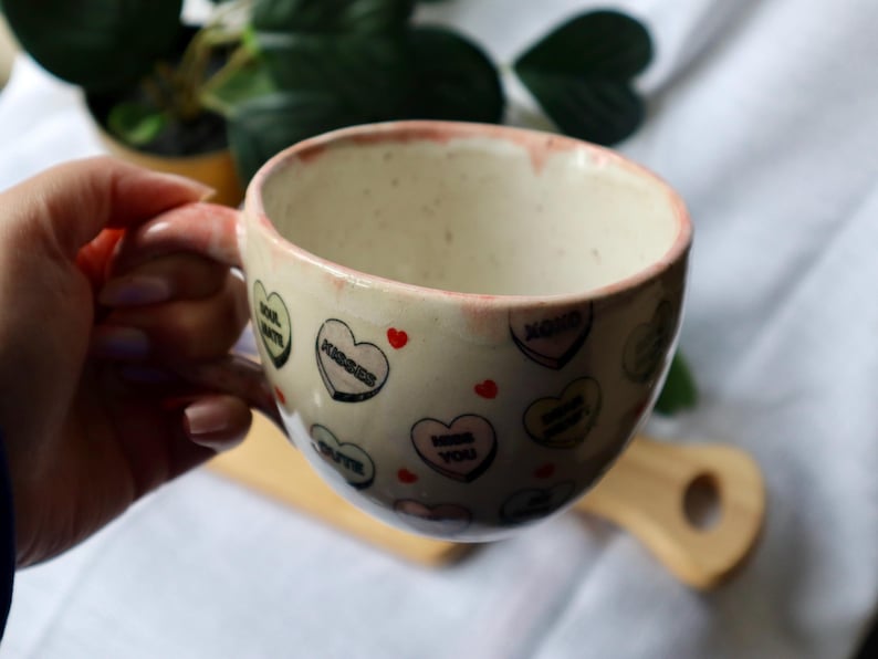 Handmade Large Ceramic Heart Mugs decorated in Love Hearts!