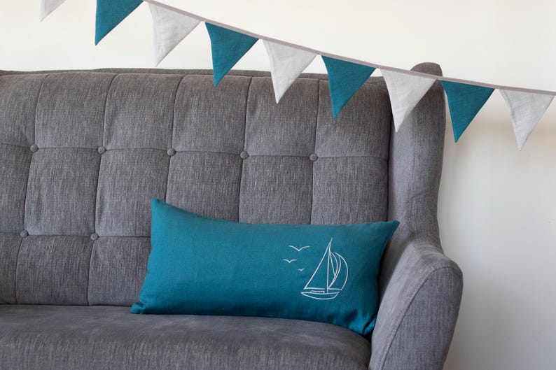 Seafoam Blue Linen Pillow Cover – 12x24" Embroidered Boat Cushion