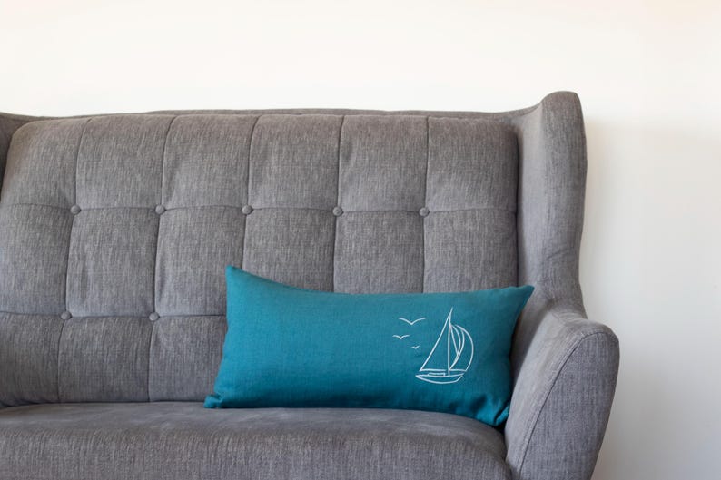 Seafoam Blue Linen Pillow Cover – 12x24" Embroidered Boat Cushion