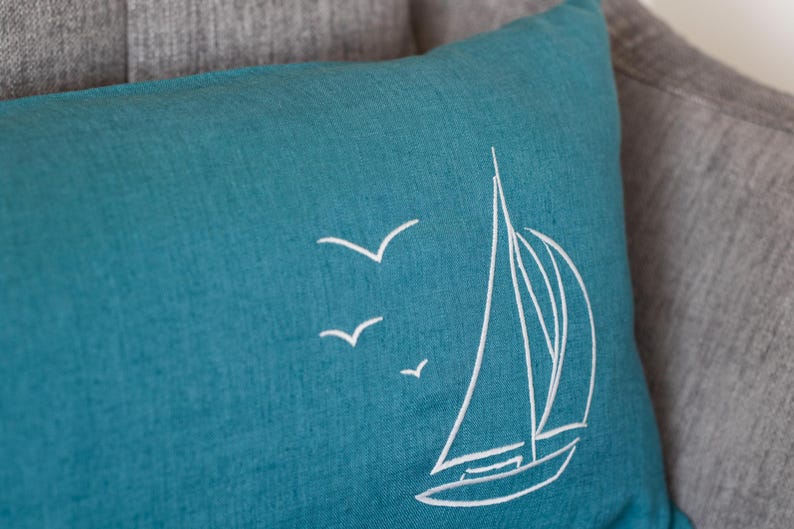Seafoam Blue Linen Pillow Cover – 12x24" Embroidered Boat Cushion