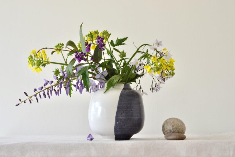 Blue Black White Half Moon Jar Vase | Korean Vase