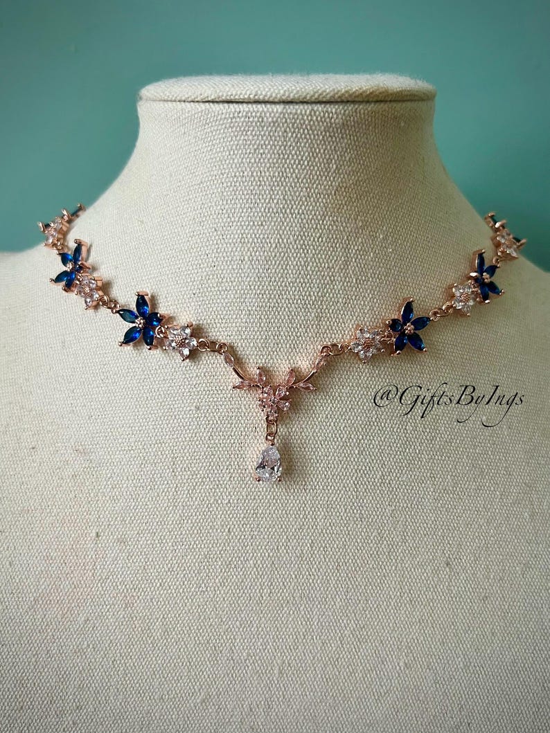 Elegant ethereal navy blue floral rose gold choker necklace