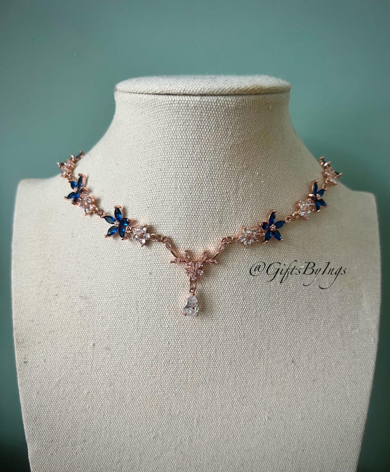 Elegant ethereal navy blue floral rose gold choker necklace