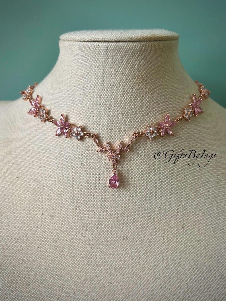Elegant ethereal pink floral rose gold choker necklace