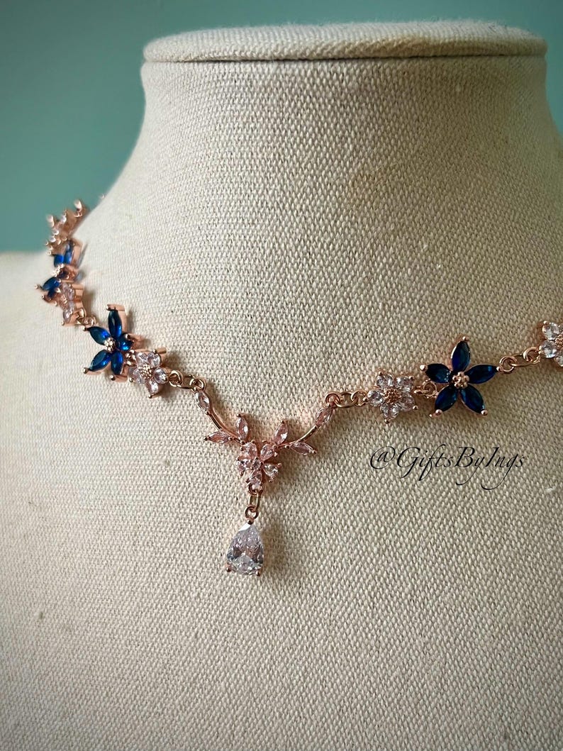 Elegant ethereal navy blue floral rose gold choker necklace