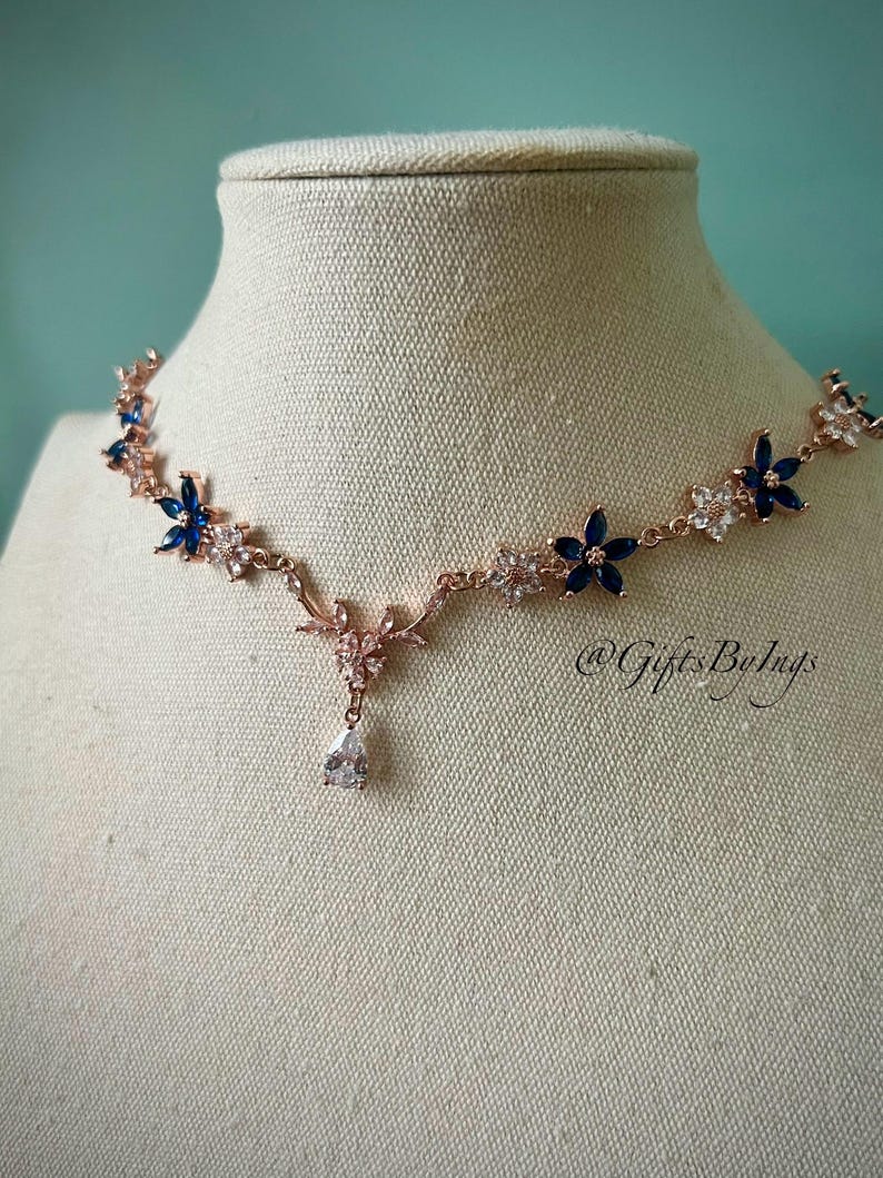 Elegant ethereal navy blue floral rose gold choker necklace