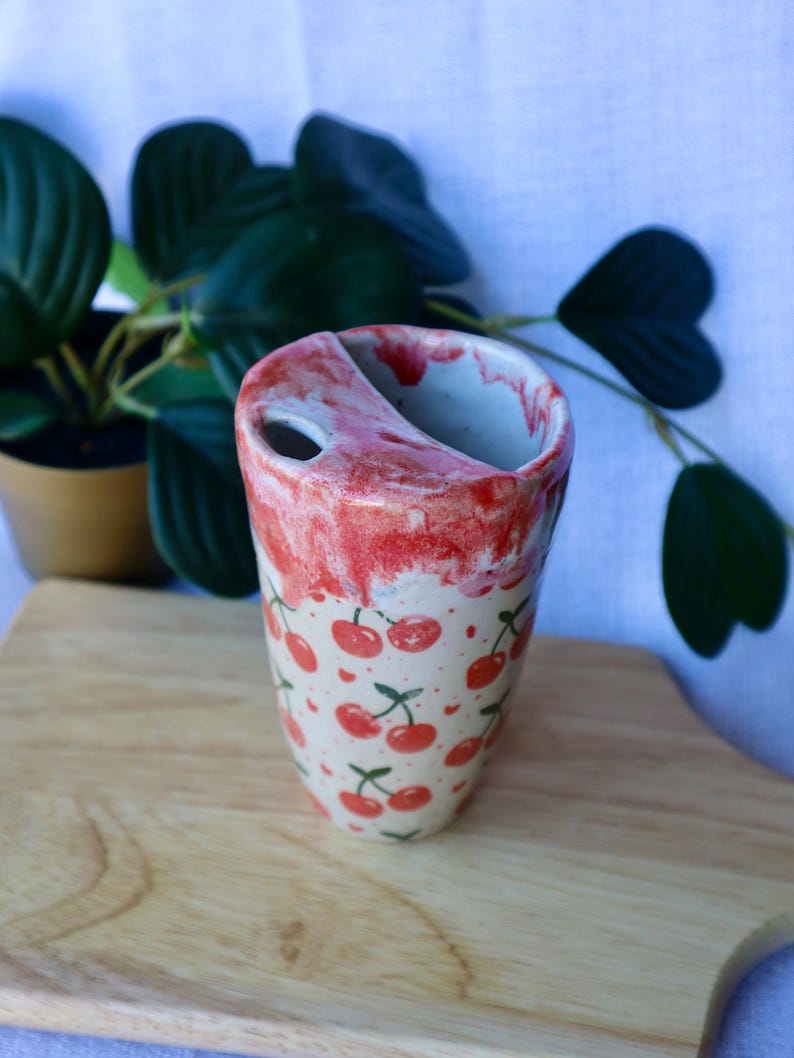 Large Tall Handmade Cherry Ceramic Travel Cup / Tumbler (Large)