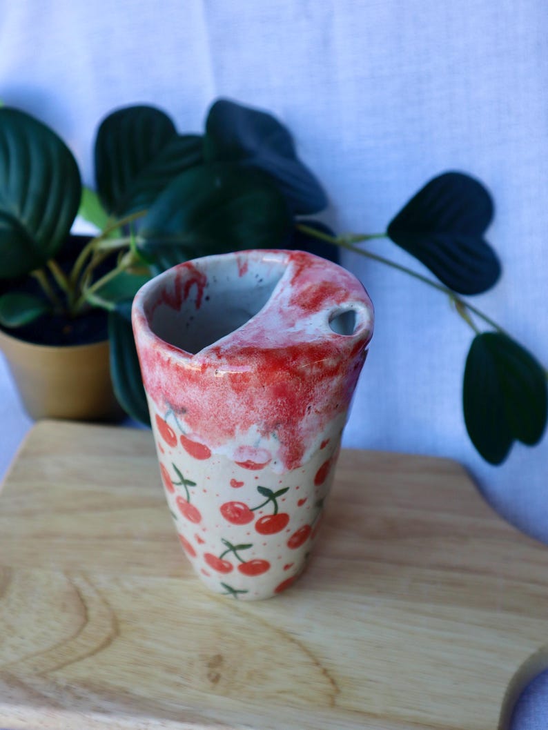 Large Tall Handmade Cherry Ceramic Travel Cup / Tumbler (Large)